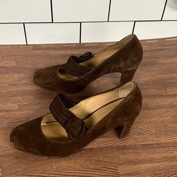 Nurture Madge Mary Jane Pumps 8.5 Brown Suede Leather Heeled Elastic Knot Strap - Picture 5 of 9